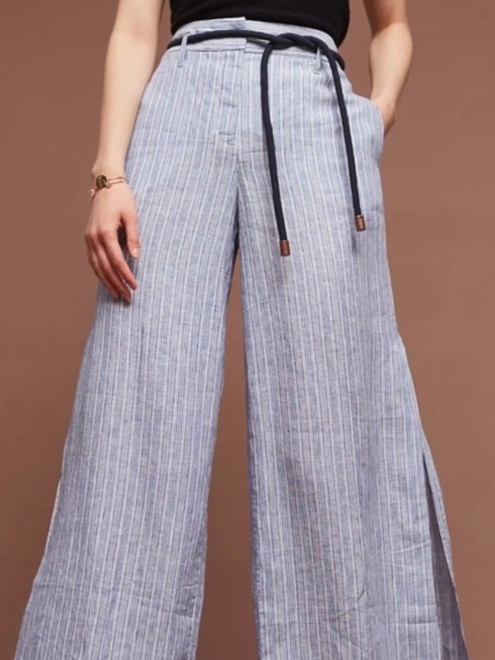 Elevenses Anthropologie Blue Striped Linen Wide Leg Split Pants Size 6